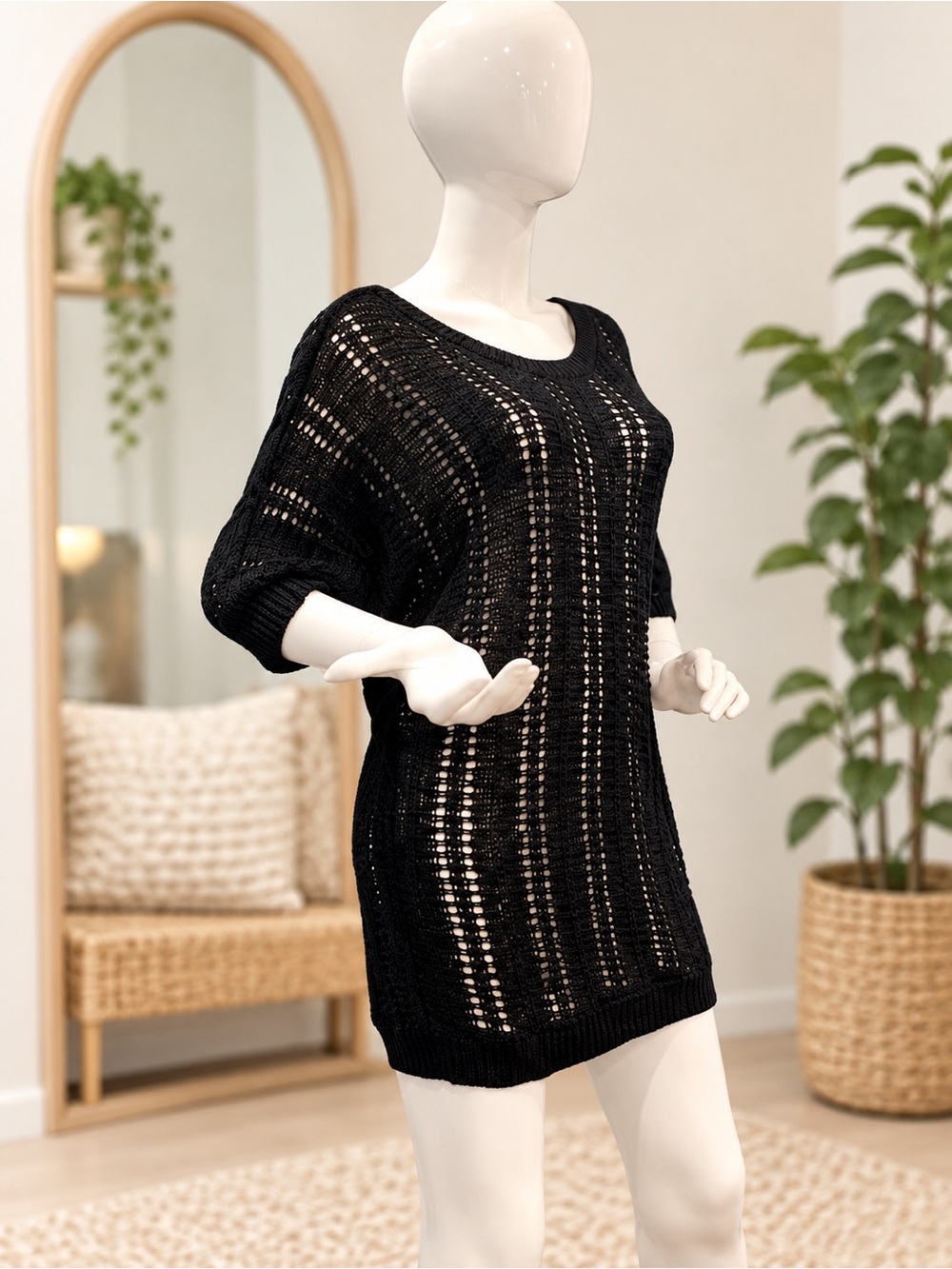 Express Black Open Knit Crochet Tunic Sweater Dolman Sleeve M